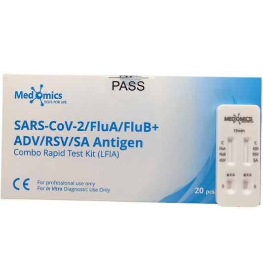 Medomics SARS-CoV-2, Influenza A/B, RSV, ADV, Strep-A Antigen-Schnelltest, 1 Packung mit 20 Tests, professionelle Anwendung