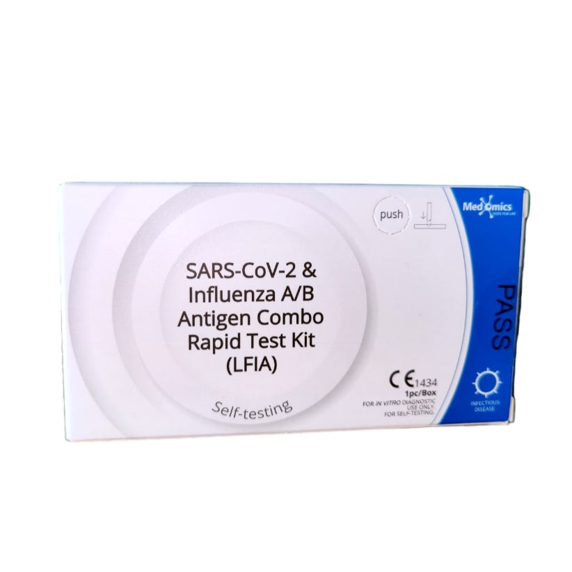 Medomics SARS-CoV-2 und Influenza A/B Antigen-Selbsttest, 1 Packung mit 1 Test, zur Eigenanwendung zugelassen (Laientest)