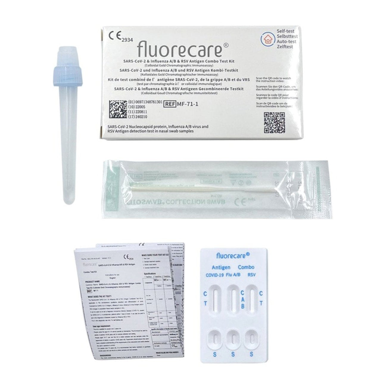 flurocare SARS-CoV-2, Influenza A/B und RSV Antigen-Selbsttest, 1 Packung mit 1 Test, zur Eigenanwendung zugelassen