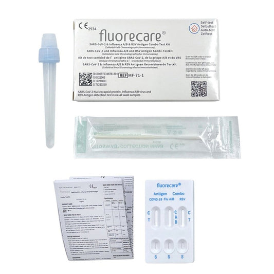 flurocare SARS-CoV-2, Influenza A/B und RSV Antigen-Selbsttest, 1 Packung mit 1 Test, zur Eigenanwendung zugelassen
